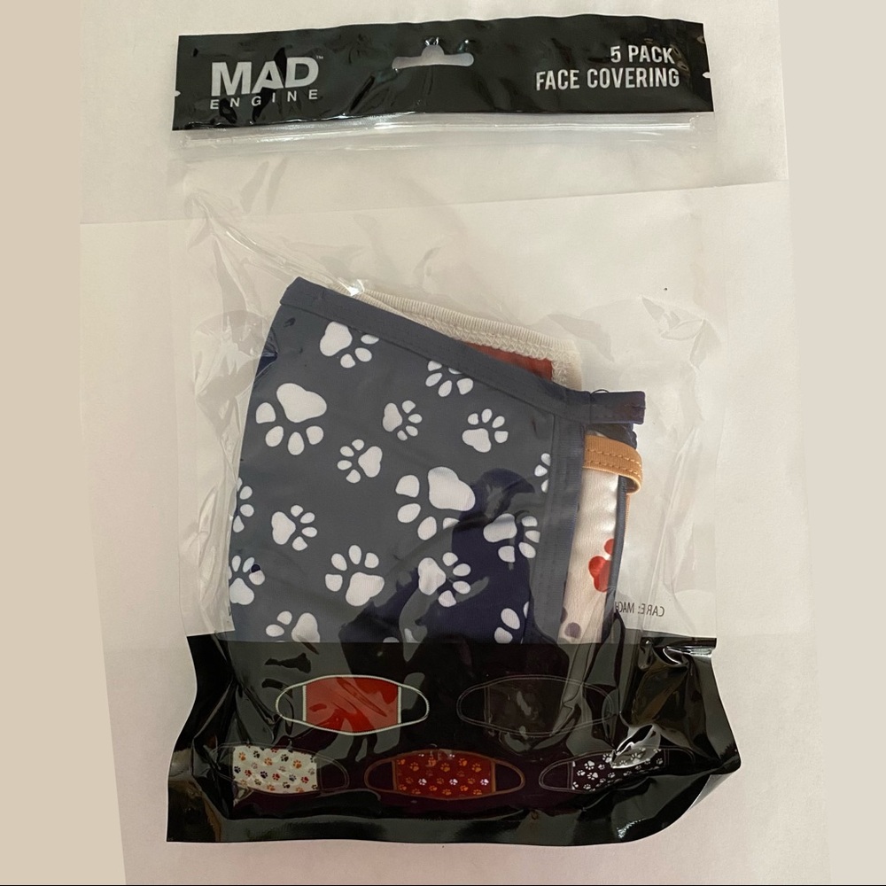 Mad Engine 5 Pack Face Coverings Red, Black, White, Puppy Paws Designs (New)